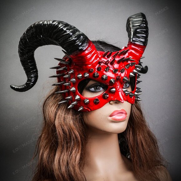 RED Demon Steampunk Spikes Devil w/ Black Twisted Horn Masquerade Halloween Mask - Picture 7 of 7